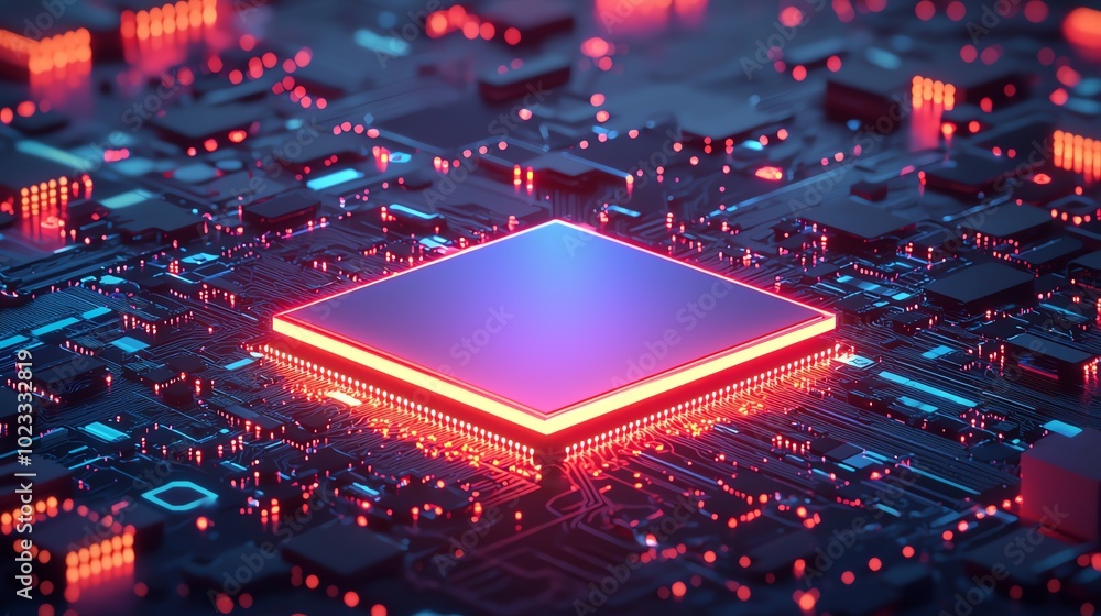 Poster close-up of a futuristic microchip illuminated with vibrant neon lights, showcasing intricate circui