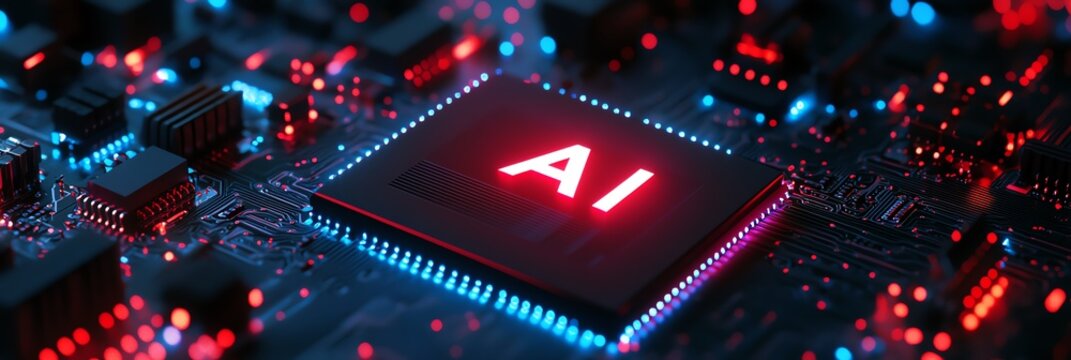 Close-up of a circuit board featuring an illuminated AI chip, representing advanced technology and innovation in computing.