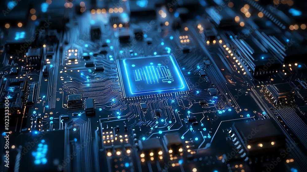 Poster close-up view of a high-tech circuit board with glowing components, showcasing modern electronic tec