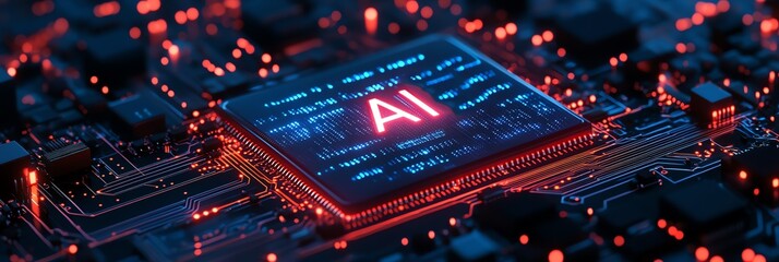 Obraz premium Close-up view of a microchip featuring AI technology, showcasing intricate circuitry and vibrant red lights, representing advanced computing.