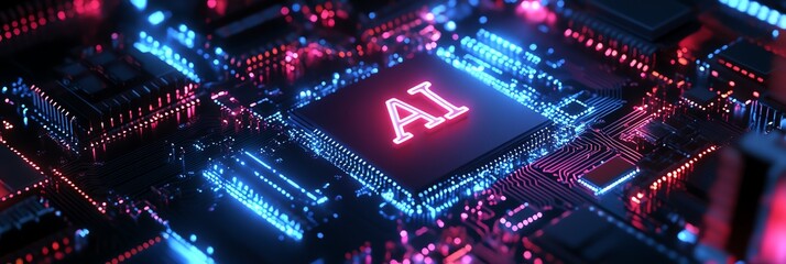 Obraz premium Close-up view of an advanced AI chip glowing with vibrant blue and red lights, symbolizing the future of technology.