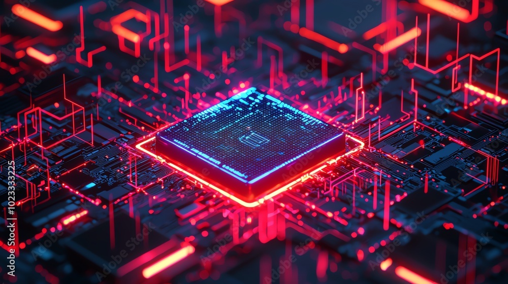Poster futuristic digital circuit with glowing microchip and neon lights, representing advanced technology 