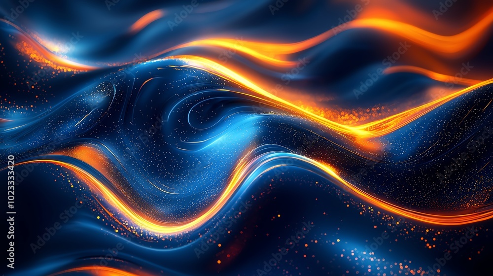Poster vibrant abstract waves in blue and orange, showcasing dynamic movement and a mesmerizing flow of col