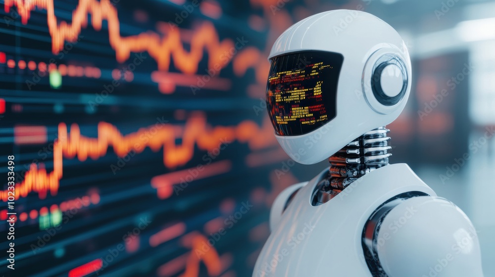 Poster futuristic robot with a digital interface, showcasing advanced technology in a modern setting, symbo