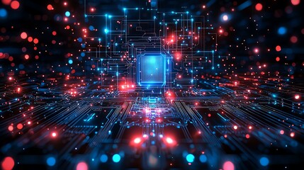 Fototapeta premium Vibrant digital landscape showcasing interconnected circuits and luminous particles in blue and red tones, representing technology and innovation.