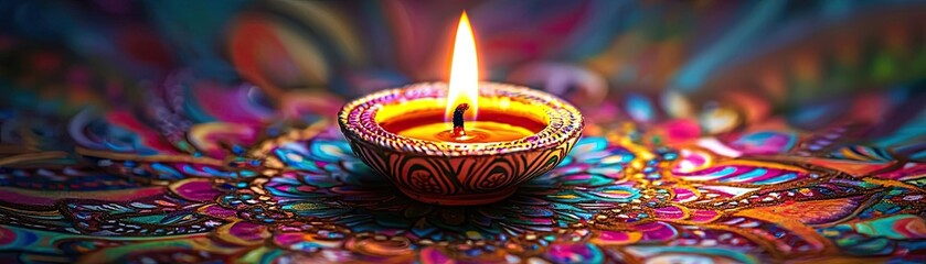 A beautifully lit oil lamp glowing amidst a vibrant and colorful background, symbolizing warmth and celebration.
