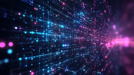 Obraz premium Vibrant digital abstract background with glowing particles and lines creating a sense of depth and movement in a futuristic space.