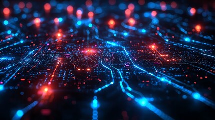 Obraz premium Vibrant digital network with glowing blue and red lights, symbolizing data transfer and connectivity in the modern technology landscape.