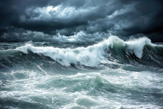 Dramatic ocean waves crash under a stormy sky, capturing the raw power of nature. Perfect for illustrating sea, weather, and turbulence.