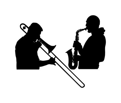 recommend clip art: Duo Trombone and trumpet players vector silhouette illustration isolated. Duet Music man play wind instrument. Artist boy jazz band. Bugler street performer. Saxophone musician shape shadow play.