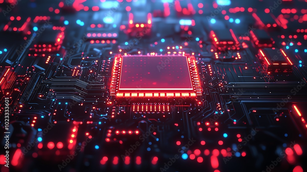 Poster a close-up view of a glowing circuit board showcasing intricate details and vibrant colors of electr
