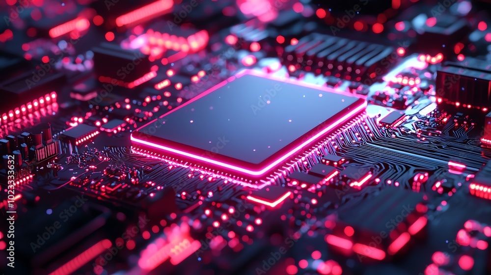 Poster a close-up view of a high-tech microchip surrounded by intricate circuitry in vibrant pink tones, sh