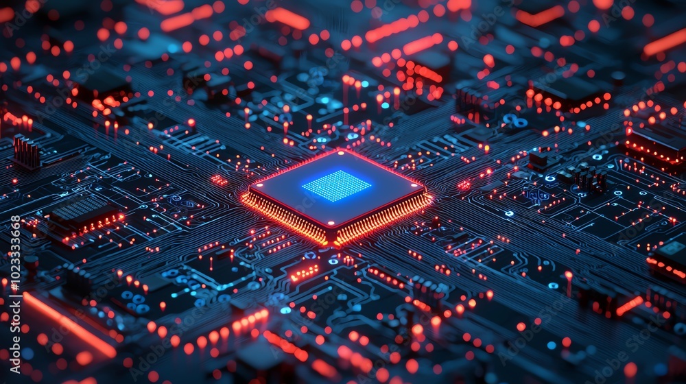 Aufkleber a close-up view of a modern microchip design, showcasing intricate circuitry and glowing lights in a
