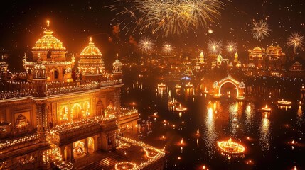 A stunning night scene of illuminated buildings and fireworks, reflecting a vibrant festival atmosphere by the water.