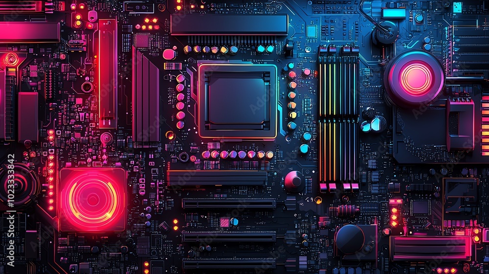 Poster a vibrant close-up of a computer motherboard with colorful lights, showcasing intricate circuits and