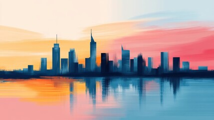 Obraz premium Vibrant city skyline at sunset reflecting in water, capturing the essence of urban beauty and tranquility in a colorful, impressionistic style.