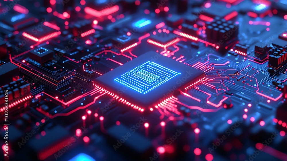 Poster close-up of a futuristic microchip with vibrant blue and red lights showcasing advanced technology a