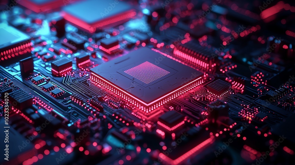 Poster close-up of a modern microchip on a vibrant circuit board with glowing lights, showcasing advanced t