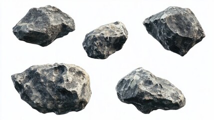 Set of flying asteroids with rough textures moving through space, isolated on white