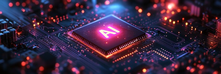 Obraz premium Close-up of a modern microchip featuring vibrant lights and the AI inscription, symbolizing advanced technology and innovation.