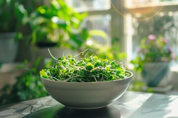 Fresh microgreens in sunlit kitchen