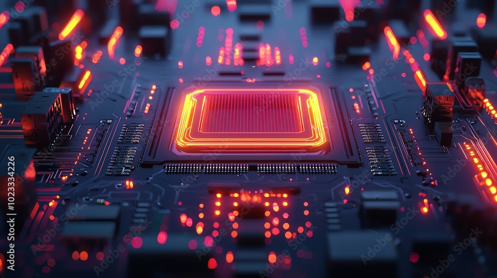 Poster close-up view of a glowing microchip on a circuit board, showcasing intricate technology and vibrant