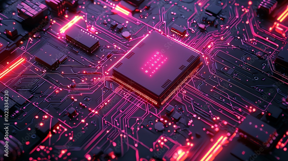 Poster close-up of a vibrant circuit board with pink lights illuminating intricate electronic pathways and 