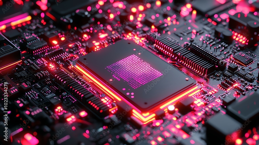 Poster close-up view of a computer circuit board featuring vibrant red lights and intricate details of the 