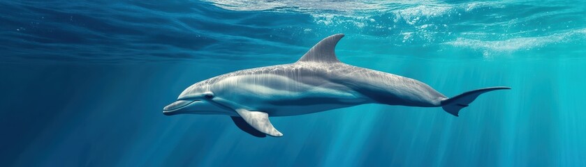 A beautiful dolphin swimming gracefully in clear blue ocean waters, showcasing its sleek body and playful nature under the shimmering sunlight.