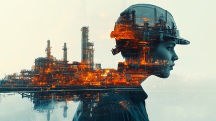Double Exposure of Engineer and Steel Mill Production Line in Photorealistic Style, Highlighting Modern Industrial Technology in Dark Green-Blue and Orange Tones