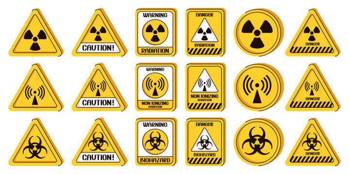 Set of hazard symbols. Group of element of non-ionizing radiation, radiation, biological hazardous. Concept of caution, warning.