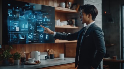 Tech-savvy professional manipulates digital office display