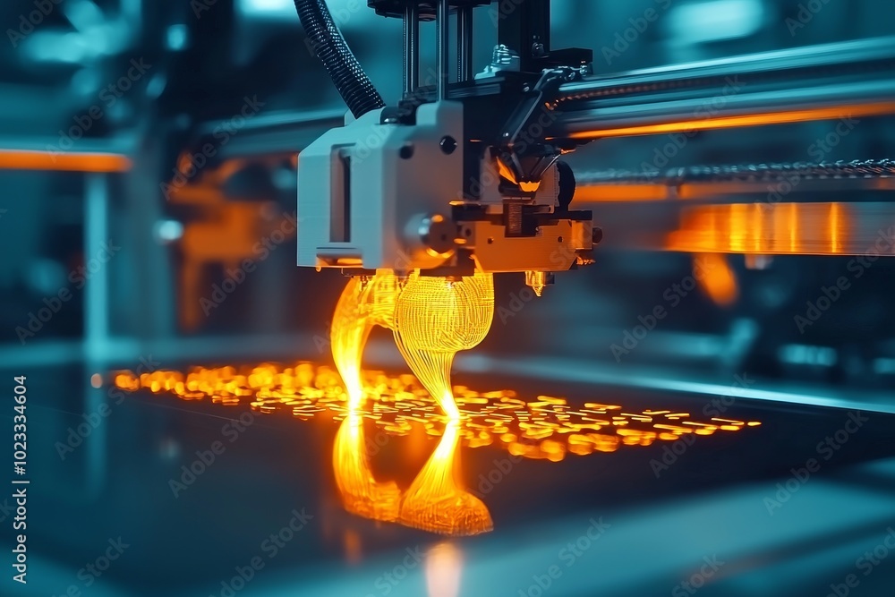 Poster 3d printer creating a vibrant orange object.