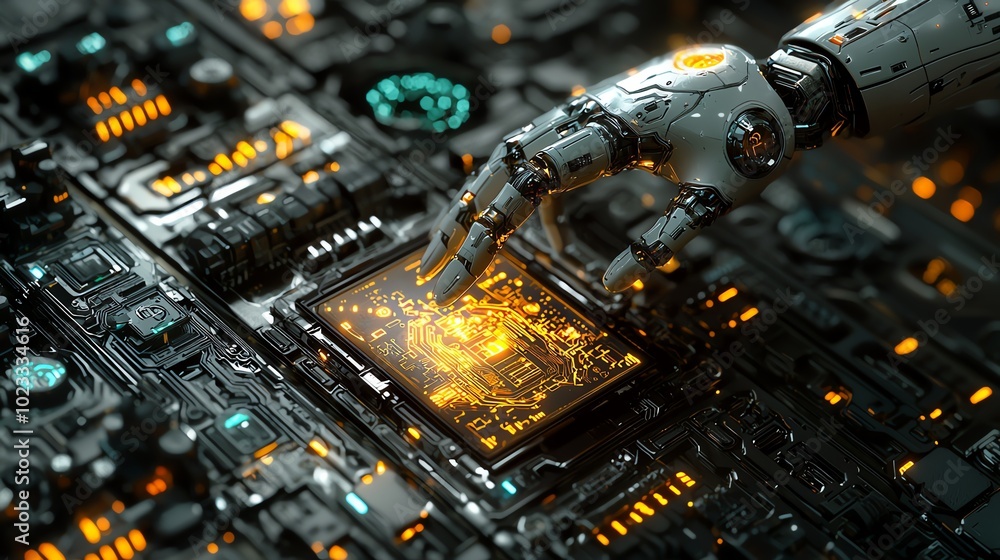 Poster futuristic robotic hand interacting with a glowing circuit board, symbolizing advanced technology an