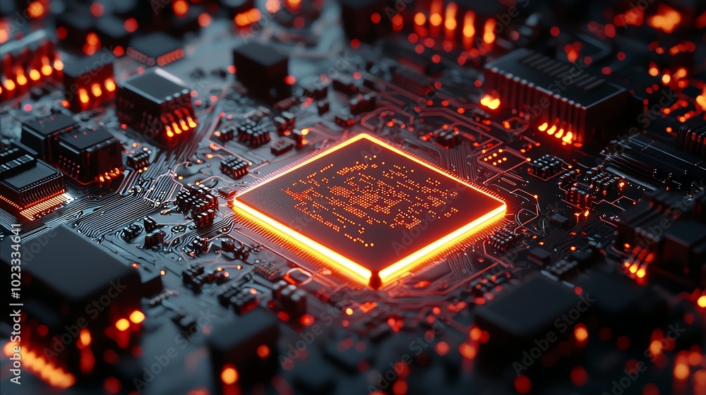 Poster high-tech circuit board with glowing processor. perfect for technology, electronics, and digital inn
