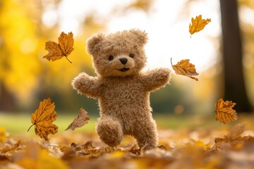 A cute teddy bear joyfully playing among colorful autumn leaves, capturing the essence of fall in a delightful outdoor setting.