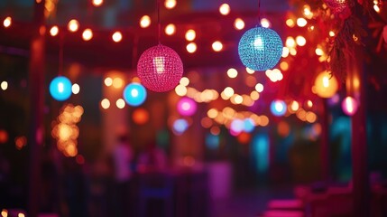 A vibrant outdoor party with colorful lights and decorations, where friends celebrate the new year joyfully.
