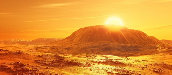 Naklejka premium Striking sunset over a vast arid desert landscape with towering mountains in the distance bathed in a warm golden glow This breathtaking minimalist scene evokes a sense of adventure isolation