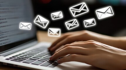 Person Typing on a Laptop with Email Icons Floating Above