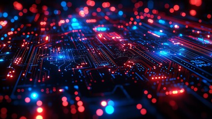 Fototapeta premium Vibrant abstract background showcasing a futuristic digital circuit with glowing lights and intricate patterns.