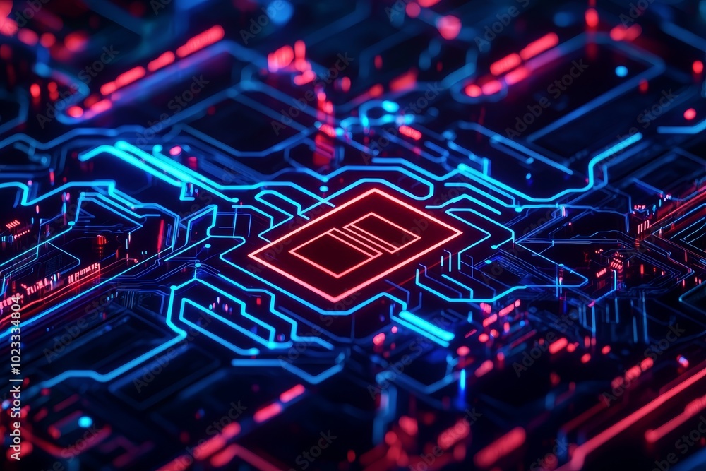Poster abstract circuit board with glowing blue and red patterns.