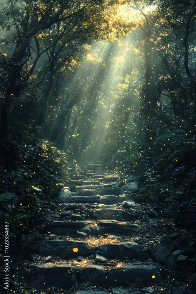 Poster a serene forest path illuminated by soft sunlight and surrounded by lush greenery, inviting explorat