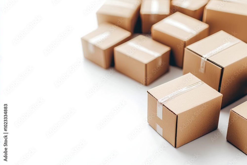 Poster a collection of packed cardboard boxes arranged neatly on a clean, white surface, ideal for logistic