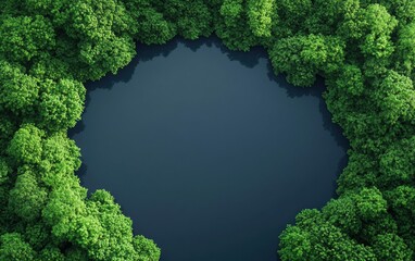Aerial view of a serene forest surrounded by lush trees, creating a perfect circular frame around a calm body of water, ideal for nature enthusiasts.