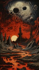 Fototapeta premium Hellish seascape painting art architecture.