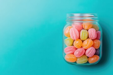 Colorful sugar-coated candies in a glass jar on a vibrant blue background, perfect for sweet treats and vibrant dessert visuals.