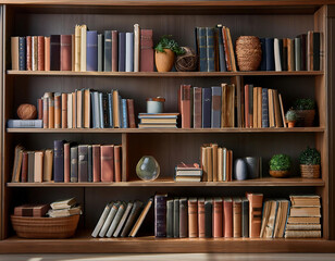 Bookshelves with books and houseplant in vase in and old library. Vintage bookshelves.