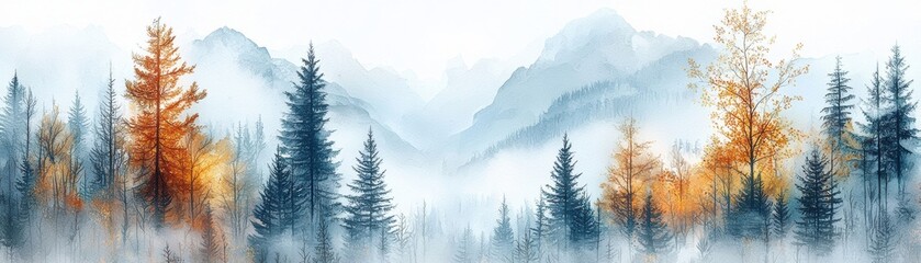 Fototapeta premium A serene misty mountain landscape with evergreen trees and autumn foliage, capturing the tranquility and beauty of nature in vibrant colors.