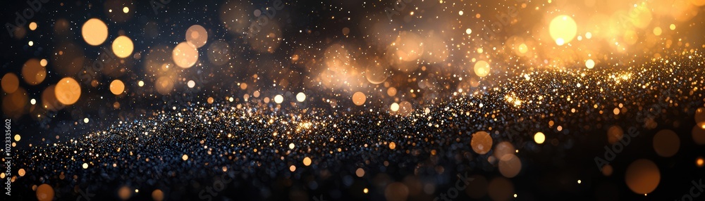 Poster a stunning close-up of shimmering golden particles in motion, creating a magical and enchanting atmo