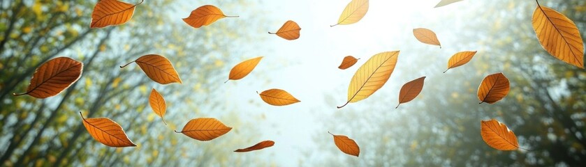 Obraz premium Beautiful autumn leaves gracefully falling through a sunlit forest, creating a serene and tranquil nature scene for seasonal imagery.